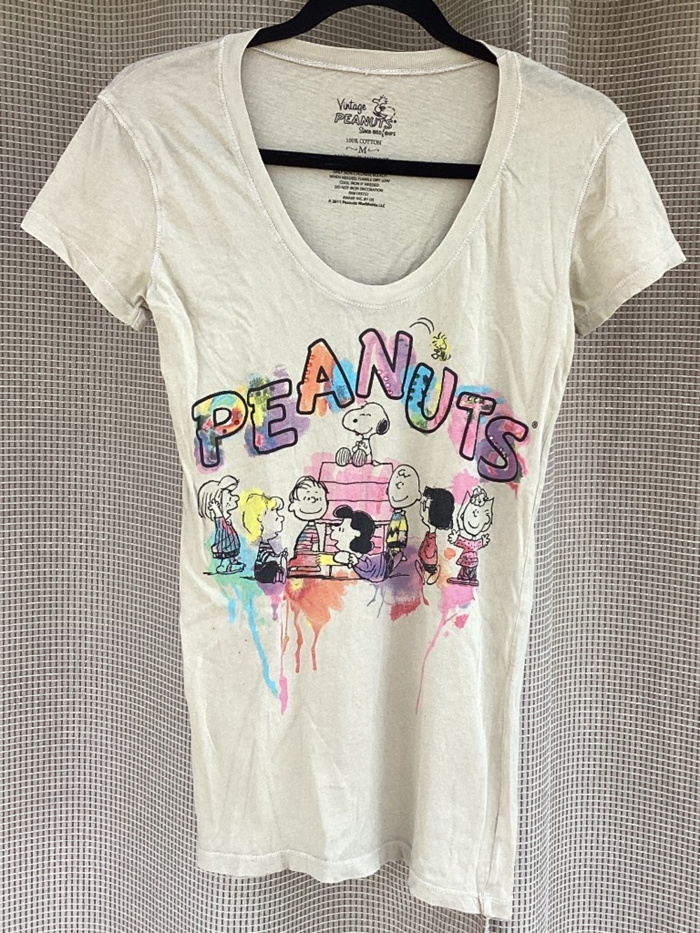 Peanuts Gang Watercolor V-Neck Graphic T-Shirt - Cream / Ivory, Size M
